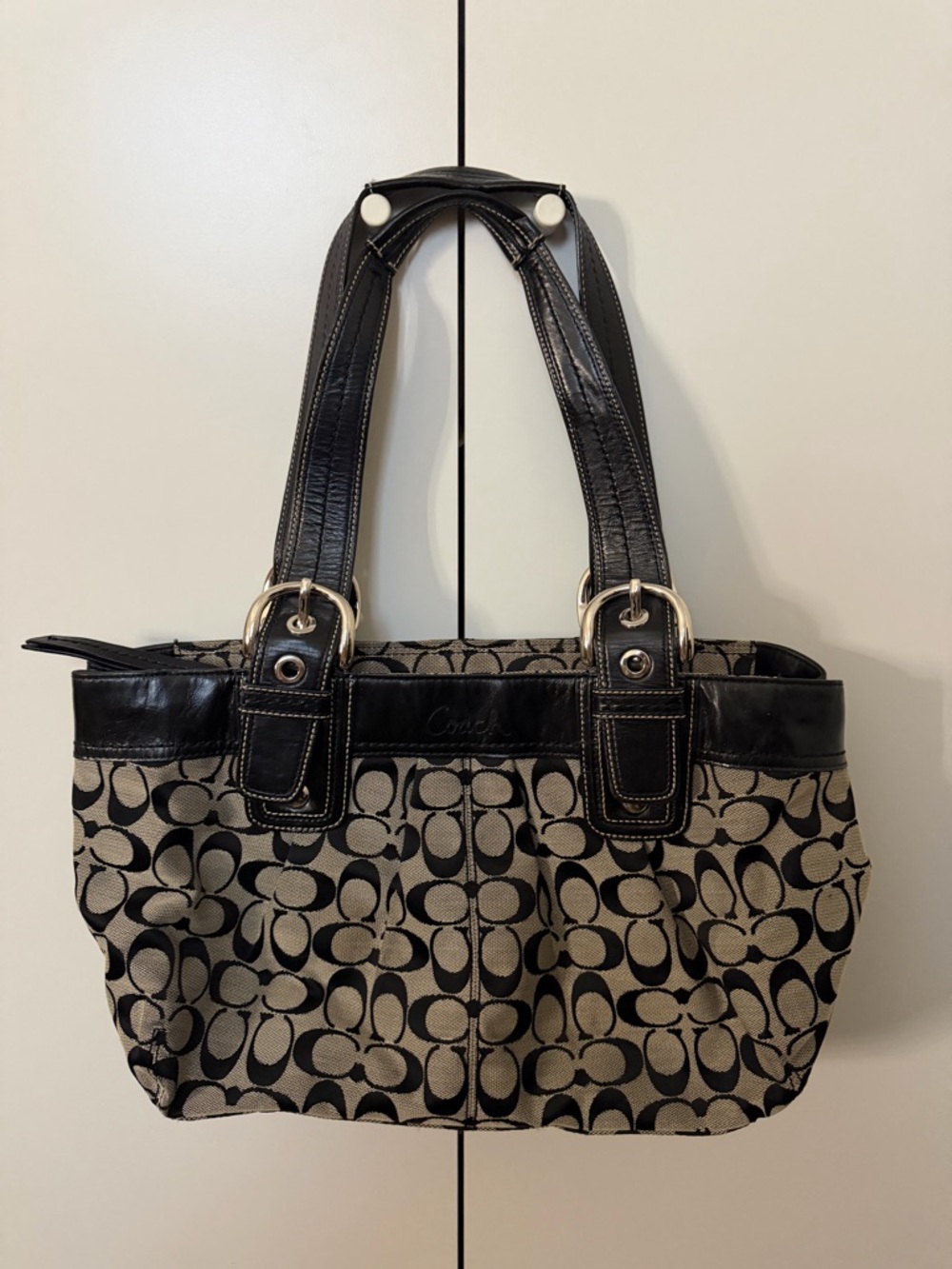 Coach Black and Gray Signature Pleated Shoulder Tote